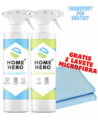 Pachetul Hărnicia Sticlei – Solutie Protecție Hidrofobă + Soluție Curățare Pete de Săpun & Calcar + 2 Lavete Gratis