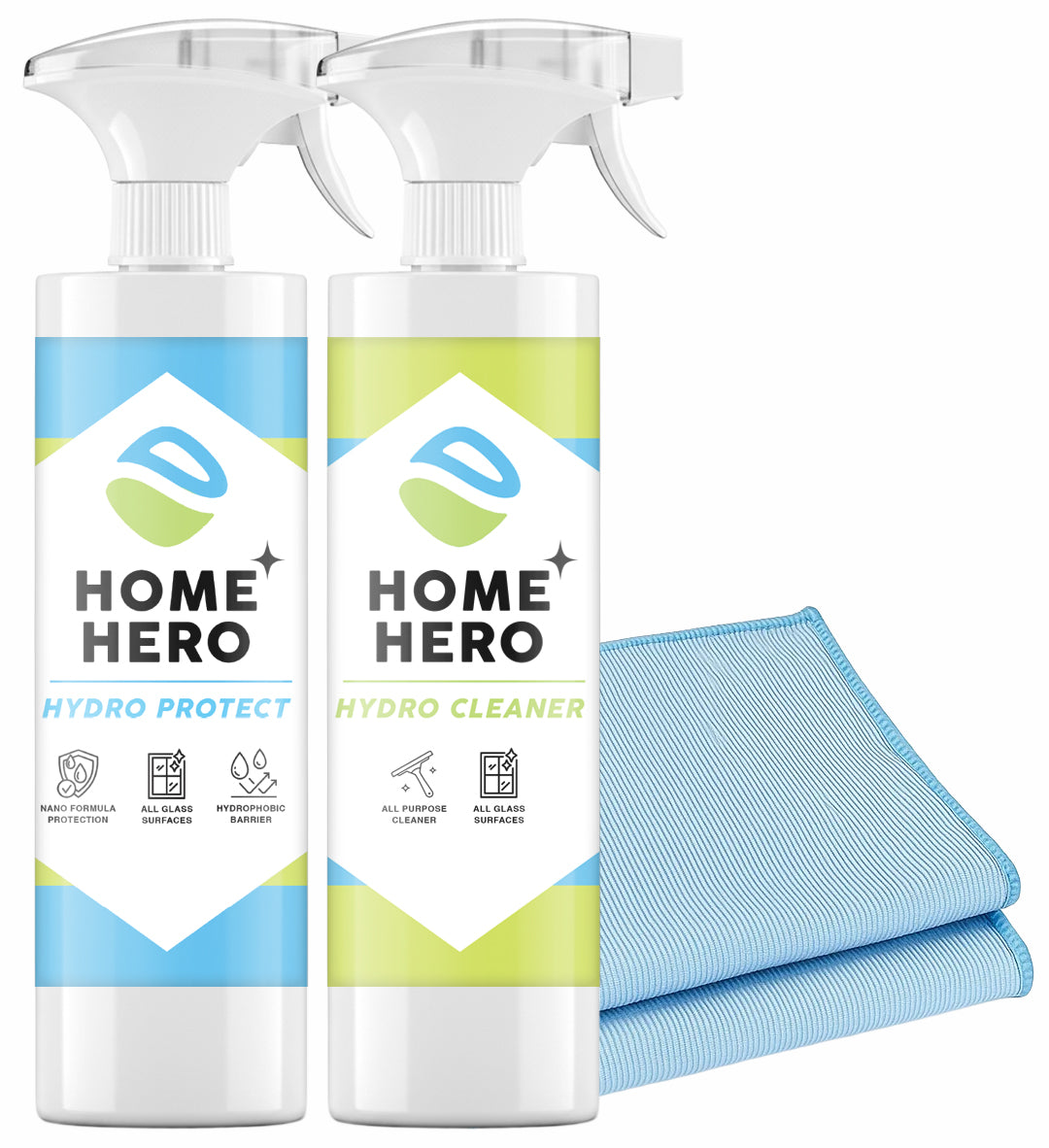 Pachetul Hărnicia Sticlei – Solutie Protecție Hidrofobă + Soluție Curățare Pete de Săpun & Calcar + 2 Lavete Gratis