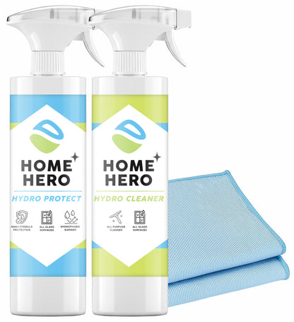 Pachetul Hărnicia Sticlei – Solutie Protecție Hidrofobă + Soluție Curățare Pete de Săpun & Calcar + 2 Lavete Gratis